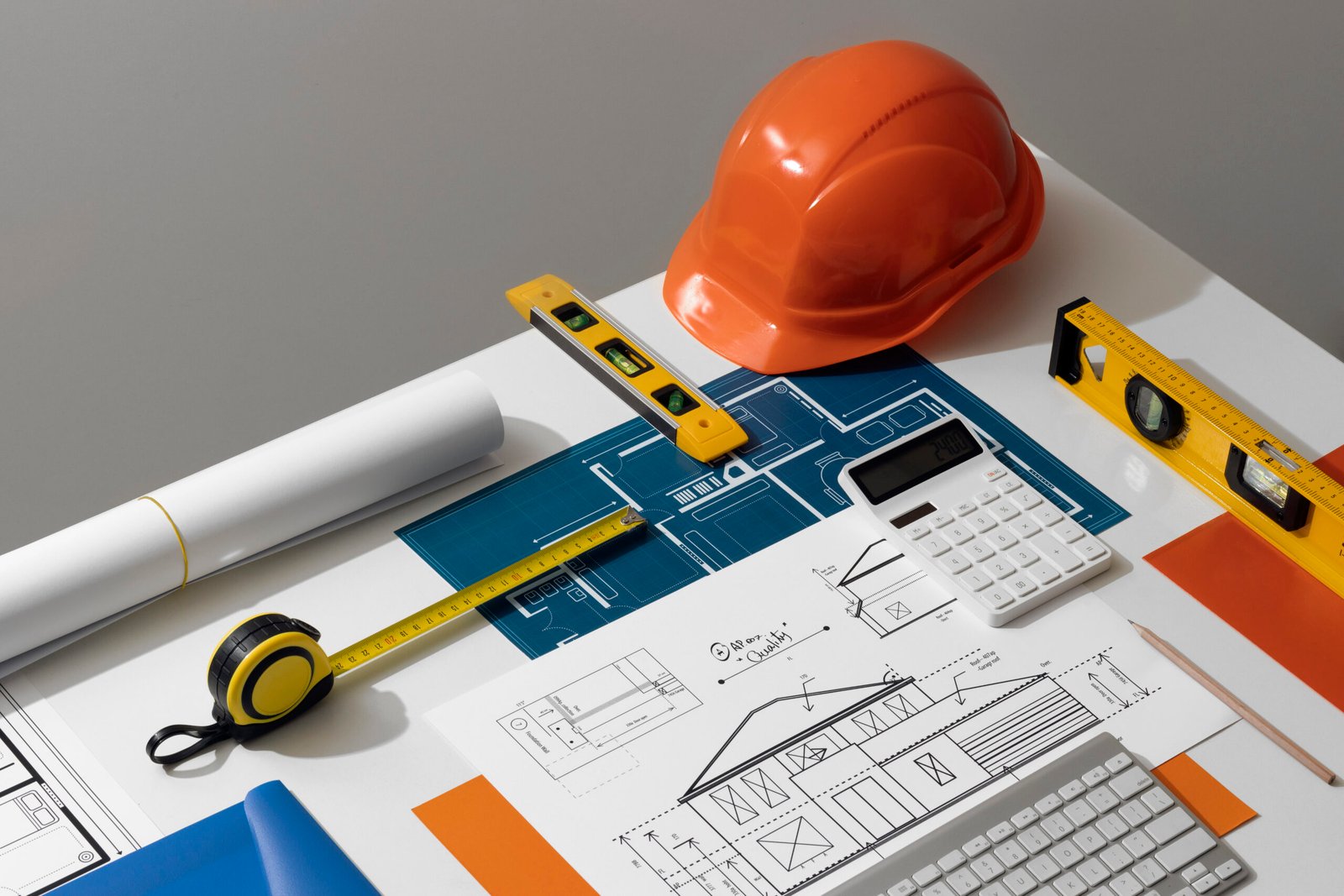 high angle measuring tools desk still life